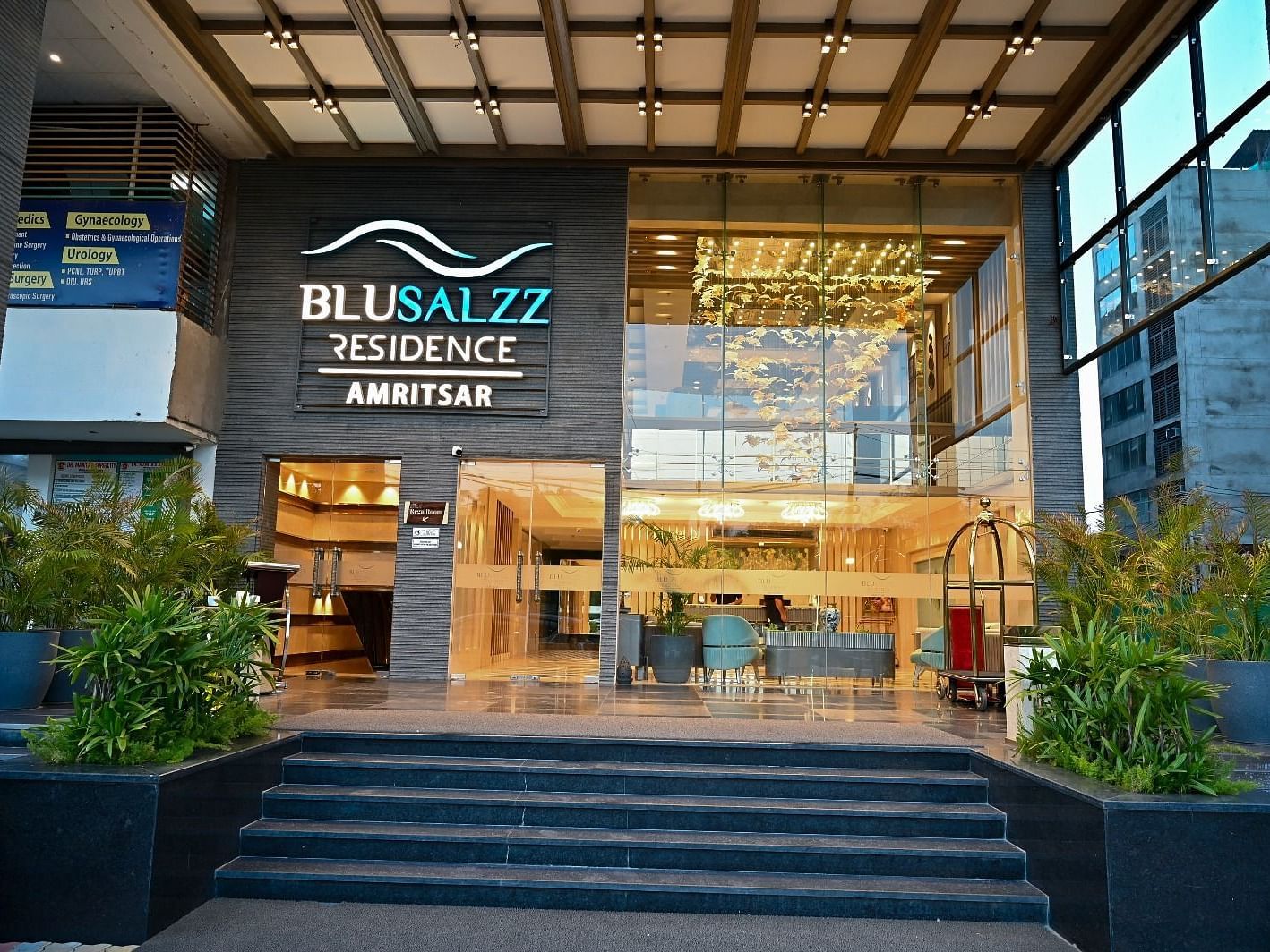 Hotel entrance with neatly arranged plants on both sides at BluSalzz Residence, Amritsar.
